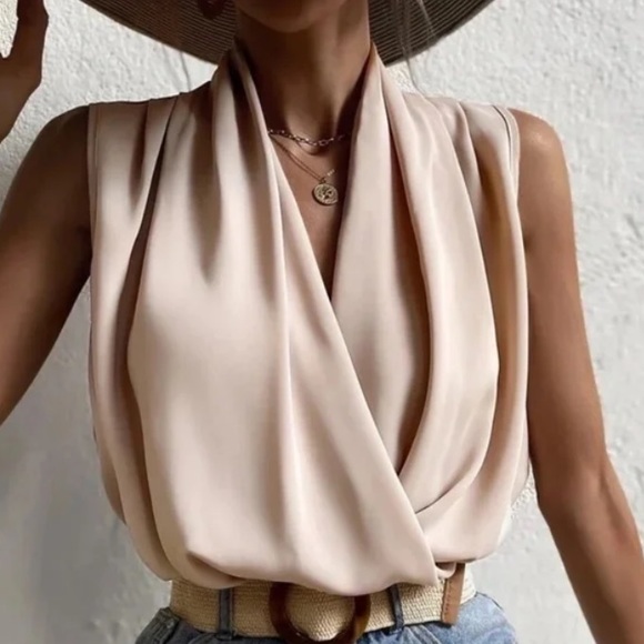 Luxe Satin Overlap Wrap Sleeveless Work Office Top - Picture 2 of 9